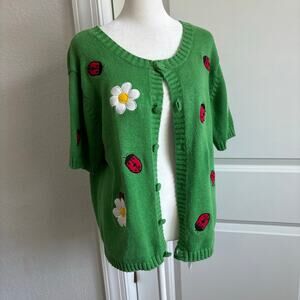 VTG Mandal Bay Women’s Ladybug Applique Green Short Sleeve Floral Cardigan Sz M